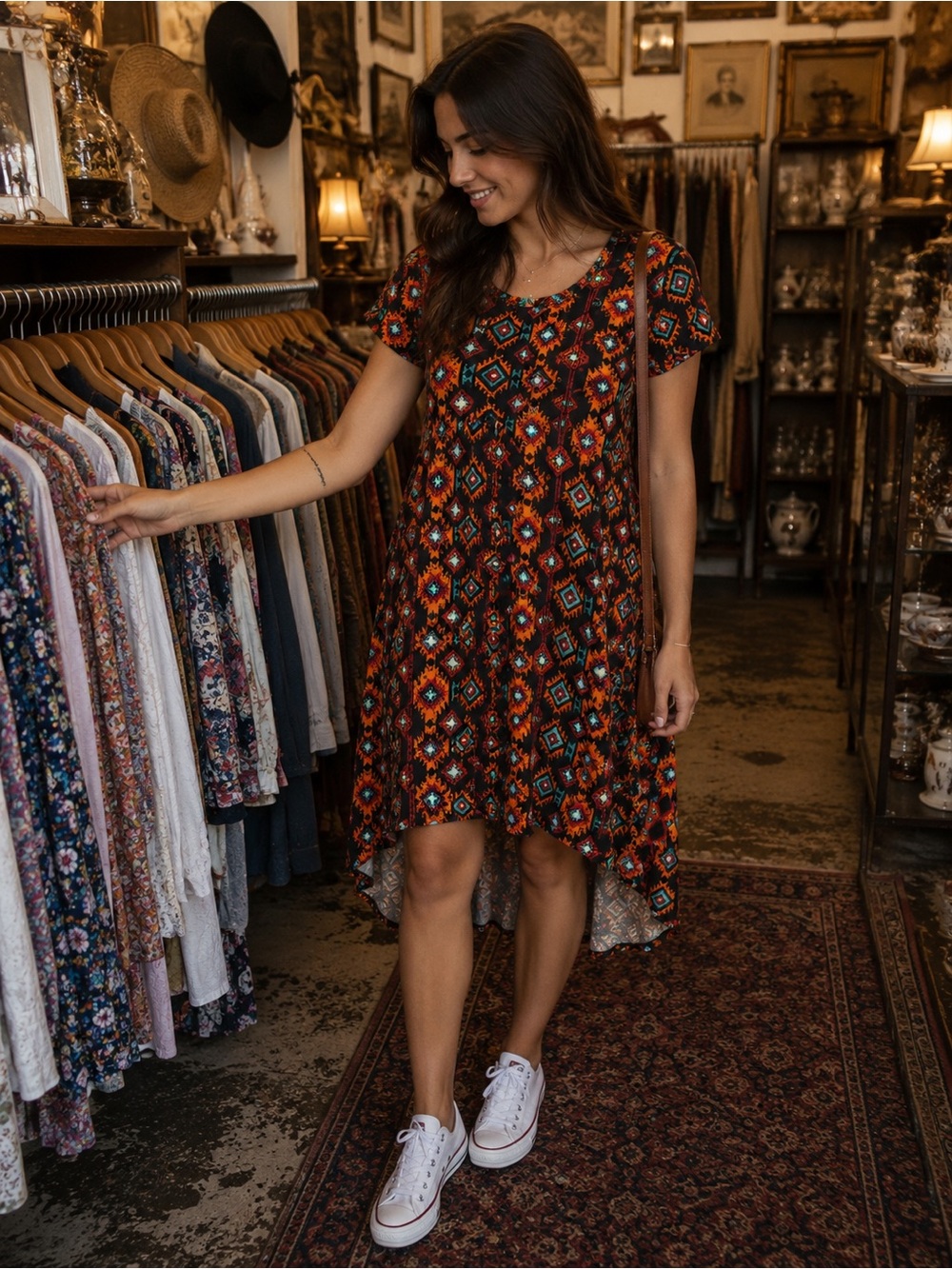 Boho Floral Geometric Short Sleeve Dress - Rust